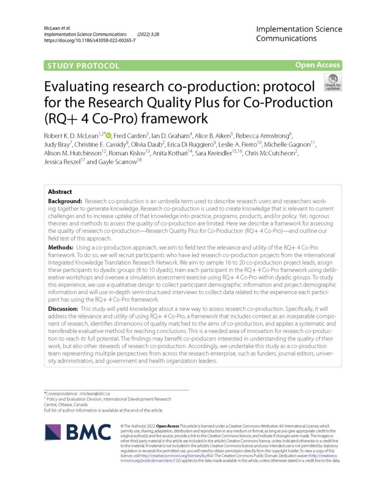 Evaluating research co-production: protocol for!the!Research Quality Plus for!Co-Production (RQ+ 4 Co-Pro) framework
